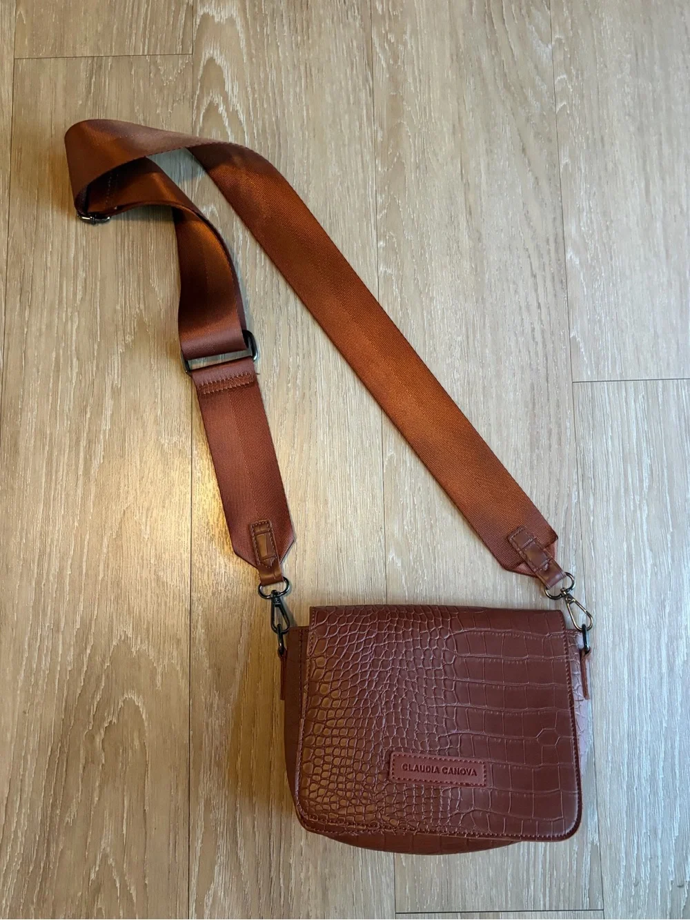 Brown Croc-Embossed Crossbody Bag